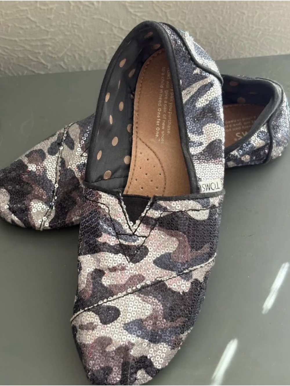 Toms Sequin Camo Slip-On Flats in Black, Pink, Gray